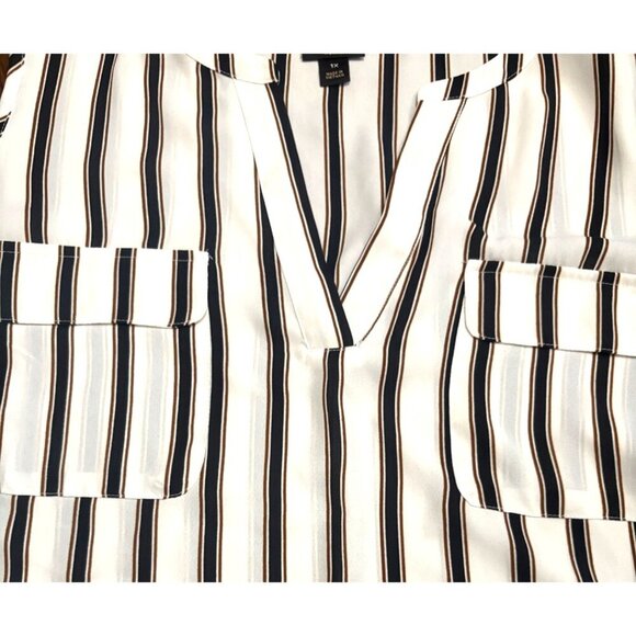 Worthington Woman 1X Sleeveless Stripe Blouse With Pockets White/Black/Brown‎ - Picture 2 of 6
